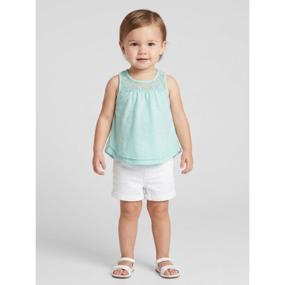 DKNY Toddler Baby Girl 2-Piece White Shorts Mint Sleeveless Tunic Top 18M EUC